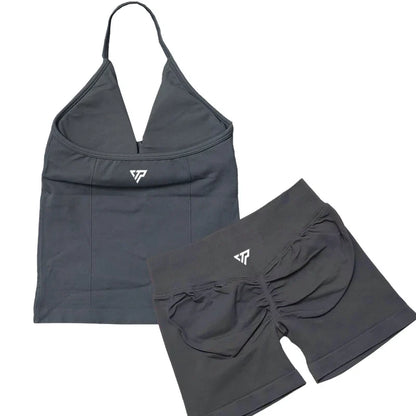 Women’s 2-Piece Yoga Set – Seamless Gym Outfit with Shorts & Lace-Up Sports Bra, High Quality Fitness Activewear Set