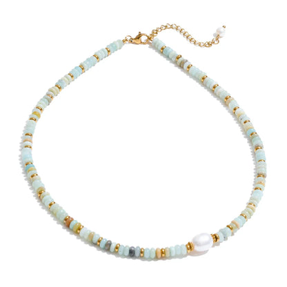 Yhpup Colorful Natural Stone Bead Necklace – Handmade Y2K Stainless Steel Waterproof Chain Jewelry for Women