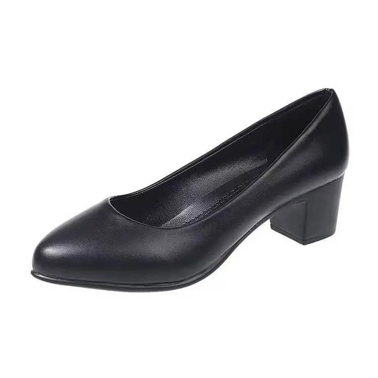 2025 Women’s Low-Heel Black Leather Pumps – Comfortable Slip-On Formal & Commuter Shoes