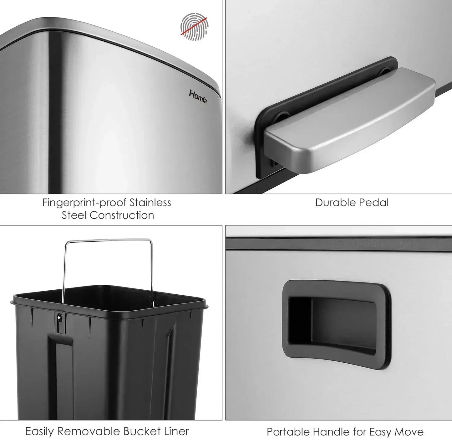 60L Dual Compartment Kitchen Step Trash Can – Hands-Free, Soft-Close Lid, Brushed Stainless Steel