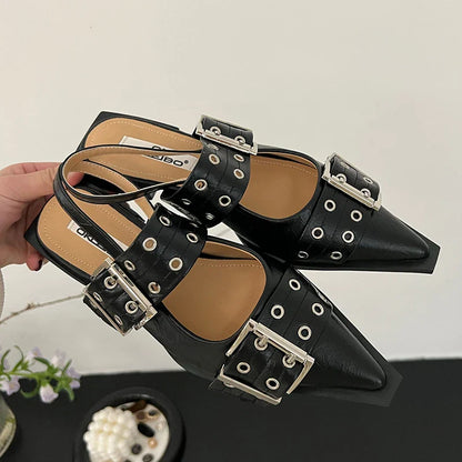 2025 Women’s Designer Flats – Luxury Buckle Slingback Sandals with Pointed Toe, Casual Mules for Ladies
