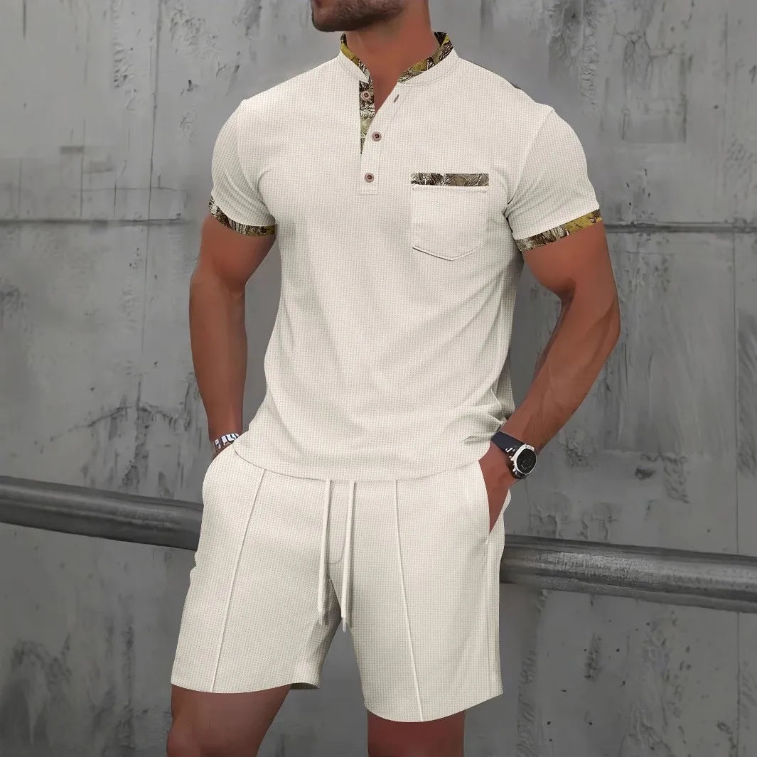 2025 Men's Summer Waffle Knit Short Set – Solid Color Zip-Up Lapel Shirt & Shorts | European & US Style