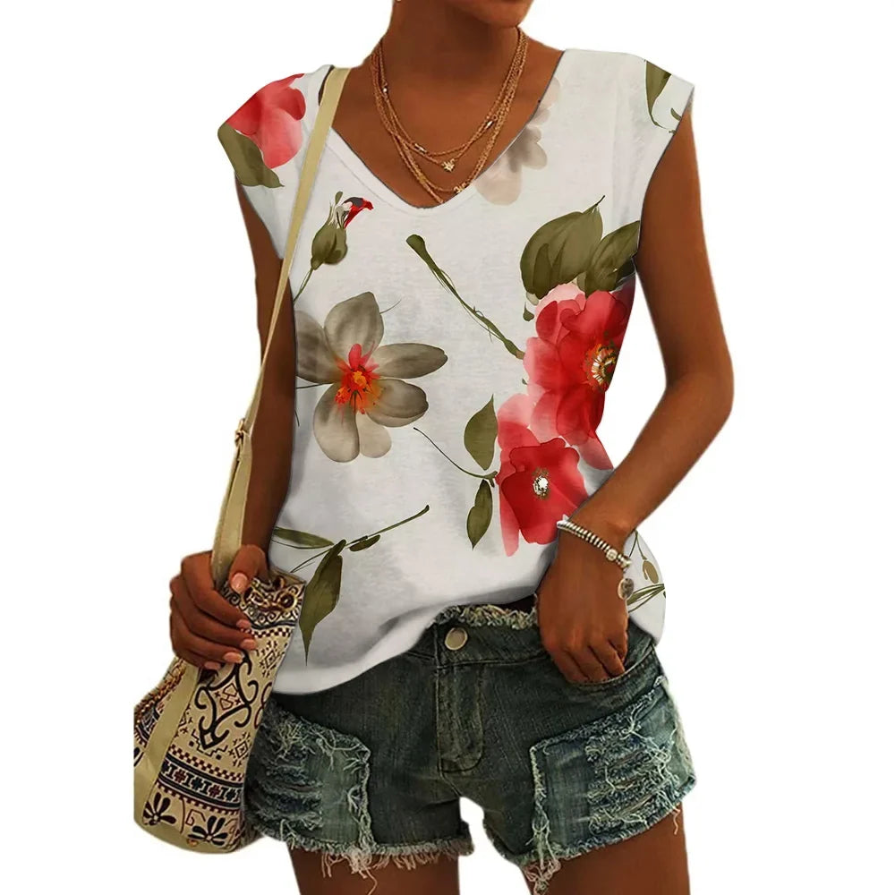 Women’s Floral Print T-Shirt - V Neck Cap Sleeve Loose Fit Summer Beach Top with Breathable Casual Style