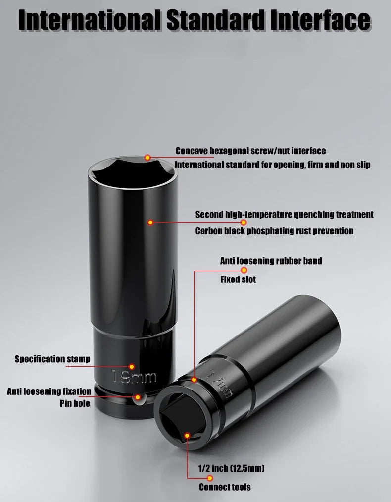 1/2" Drive Deep Impact Socket – Metric Wrench Socket for Pneumatic Tools, Tire Removal & Heavy-Duty Automotive Use