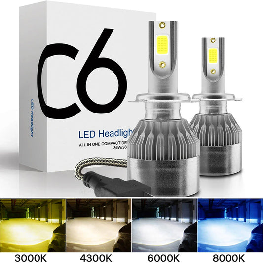 2x H7 LED Car Headlight Bulbs - H1, H3, H4, H8, HB1, HB3, HB4, H11, H13, H27, 9005, 9006, HIR2, 3000K, 6000K, 8000K COB C6 Car Lights