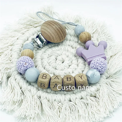 DIY Custom Name Silicone Beads & Wooden Ring Pacifier Clip – Safe Baby Teether, Eco-Friendly Dummy Chain Gift