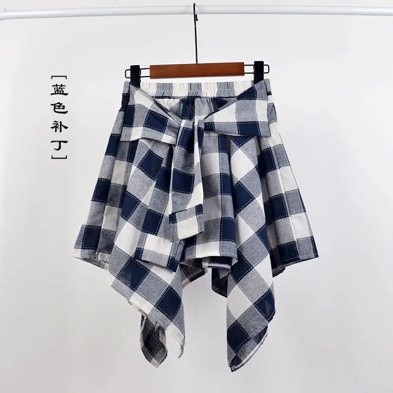 Summer Casual Retro Women’s Mini A-Line Skirt – Blue White Lattice Bow-Knot Elastic Waist Short Skirt