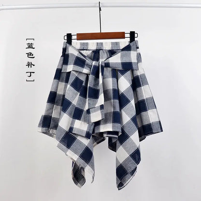 Summer Casual Retro Women’s Mini A-Line Skirt – Blue White Lattice Bow-Knot Elastic Waist Short Skirt