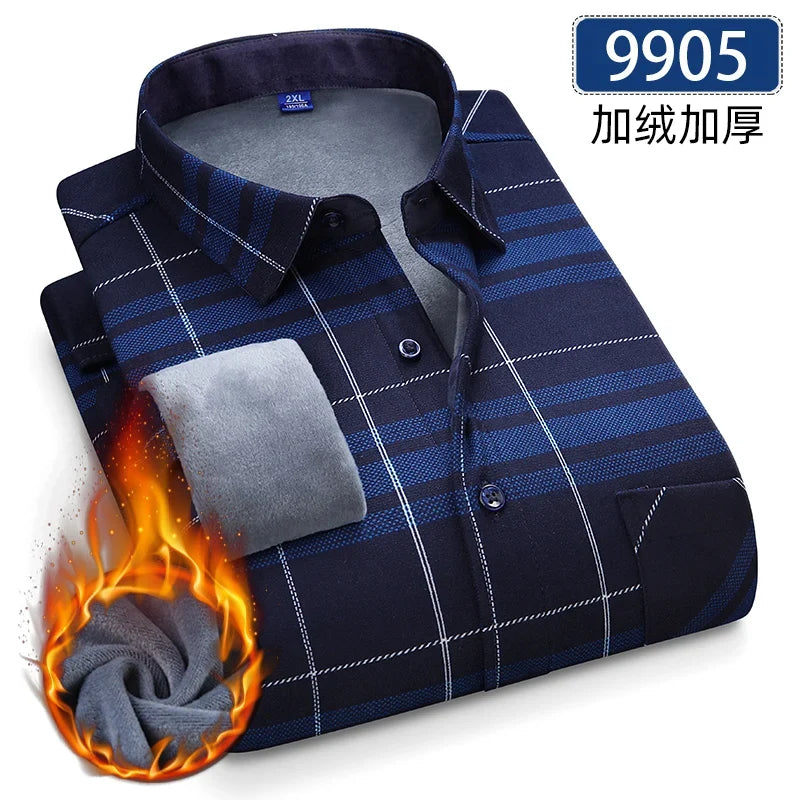 Men’s Fleece Plaid Shirt - Warm Thick Long Sleeve Business Check Shirt with Single Pocket for Autumn & Winter