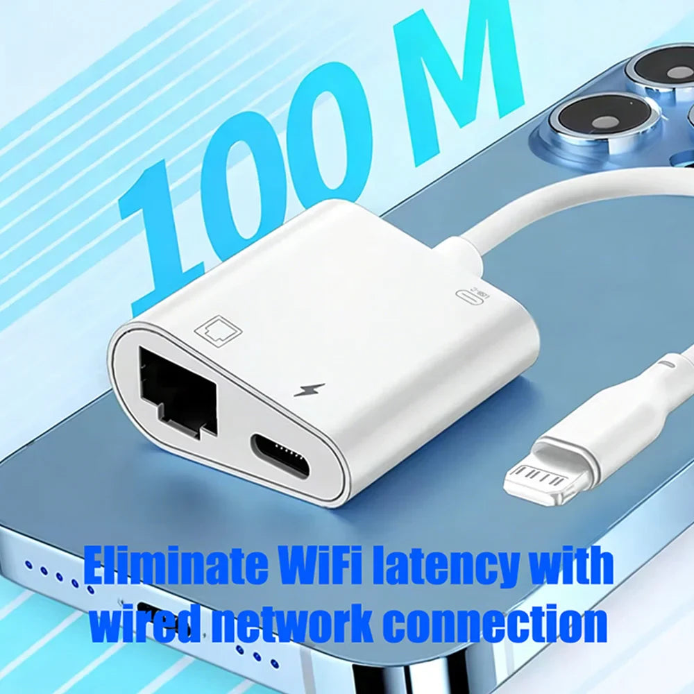 Lightning to RJ45 Ethernet Adapter 3-in-1 – Network Card Converter with Charging & Data Transfer for iPhone 14/13/12/11 Pro