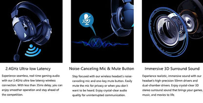 Gaming Headset with Detachable Noise-Cancelling Microphone — 2.4G Bluetooth, USB & 3.5mm Wired 3-Mode Multi-Device Headphones