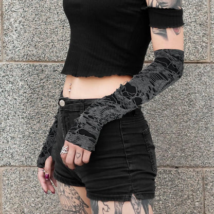 Gothic Fingerless Ripped Gloves - Black Slit Halloween Cosplay Gloves for Adults