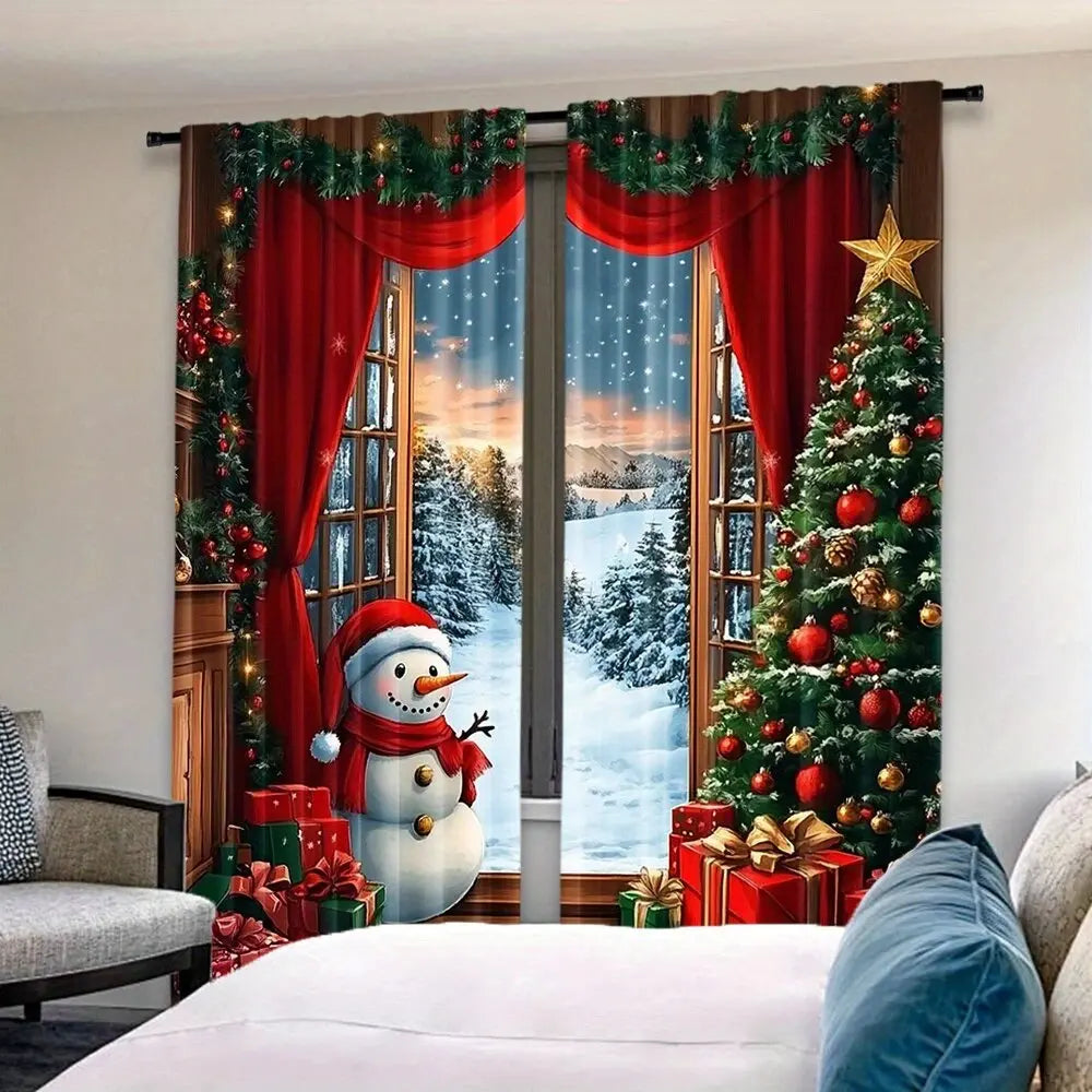 2pcs Santa Claus & Snowman Printed Wood Curtains – Simple Home & Room Decor