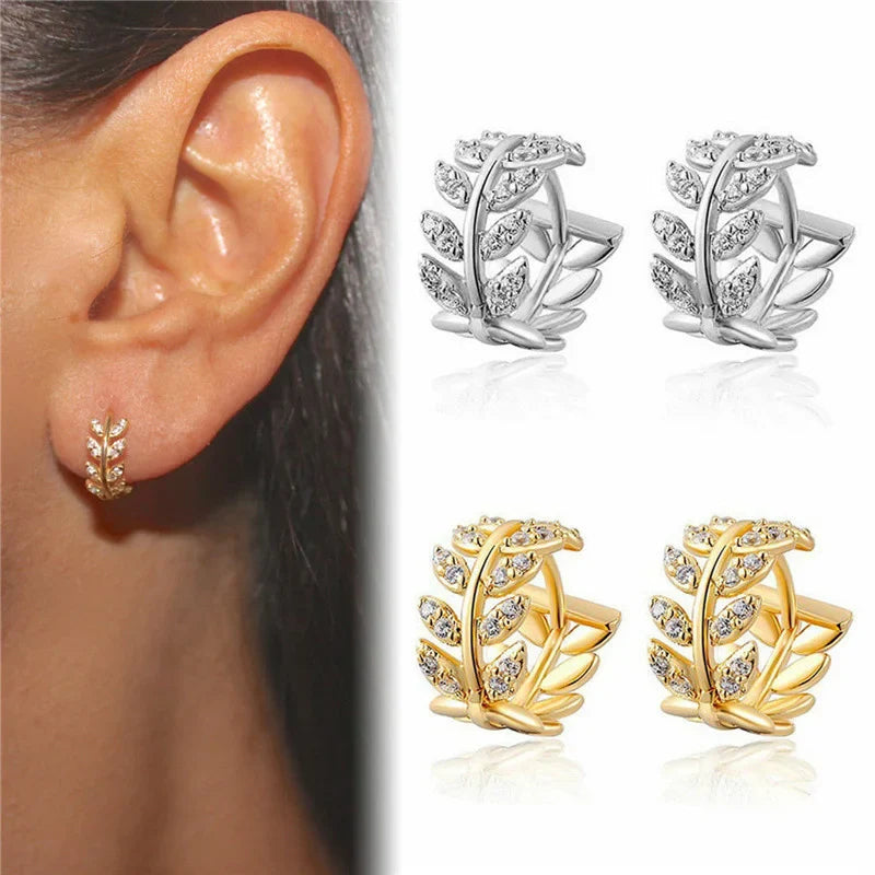 Delicate Leaf Earrings with Shiny CZ – Silver & Gold Color Fashion Hoop Earrings, 2024 Jewelry Gift for Women & Girls
