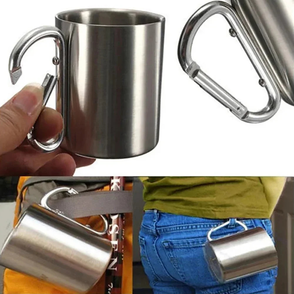 Stainless Steel Camping Mug with Carabiner Handle – Portable Outdoor Travel Water Cup for Hiking, Picnic & Adventure Use