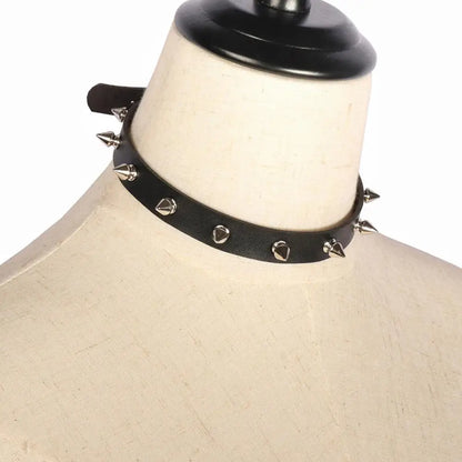 Black PU Leather Spike Choker Necklace – Studded Punk Gothic Biker Collar for Women & Men