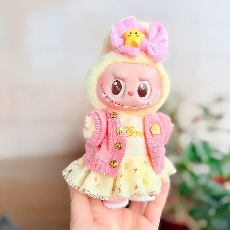 17cm Labubu Doll Clothes — Macaron Outfit Set with Hair Accessories | Cute DIY Gift for Kids