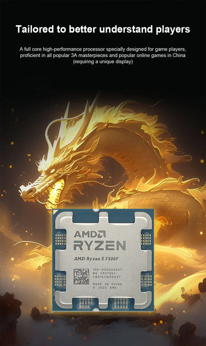AMD Ryzen 5 7500F CPU - 6-Core, 12-Thread, 3.7GHz, 32MB L3 Cache, 5NM, Socket AM5 (Tray, No Cooler)