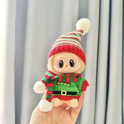 Mini Winter Plush Outfit for Labubu V1–V3 Dolls – Santa, Snowman & Elk Sweater Hat Set, New Year Gift