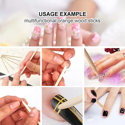 100/50PCS Orange Wood Nail Art Sticks - Cuticle Pusher, Rhinestone Remover & Manicure Pedicure Care Tools