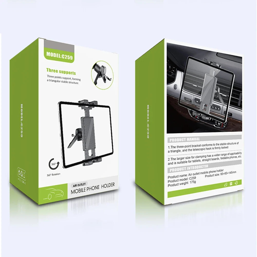 Universal Car Tablet Holder - 360° Rotating Adjustable Air Vent Mount for iPhone, iPad, Samsung & Xiaomi Devices