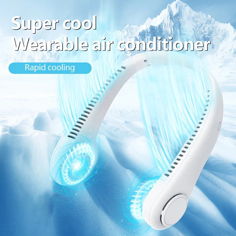 USB Rechargeable Hanging Neck Fan – Adjustable Mini Leafless Personal Cooler with Strong Airflow for Outdoor Use