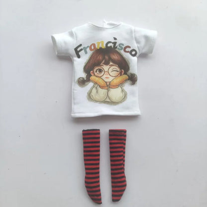 Handmade OB24 1/6 Blyth Doll Clothes – Cartoon T-Shirt with Striped Socks for 1/6 Doll Accessories
