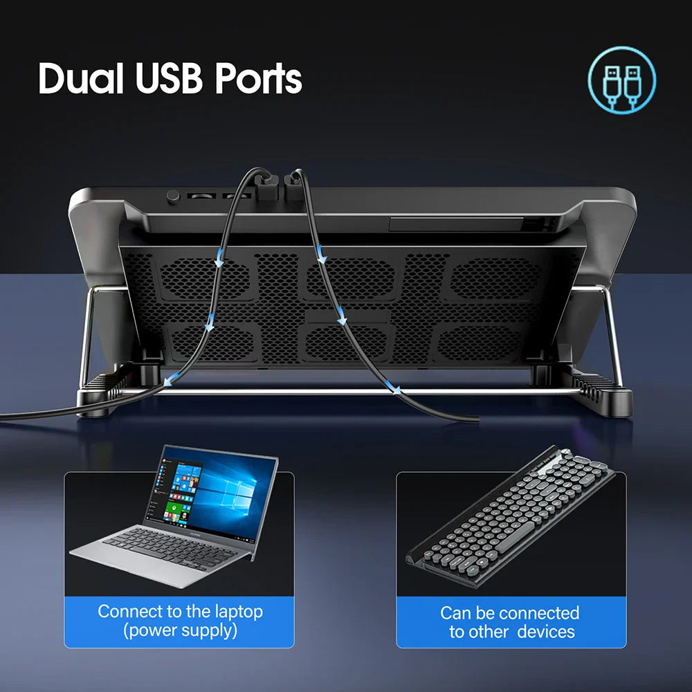 Coolcold Laptop Cooling Pad 15.6-17.3" — 6 Quiet Fans, 7 Adjustable Heights, Wind Speed Control with Mobile Phone Holder
