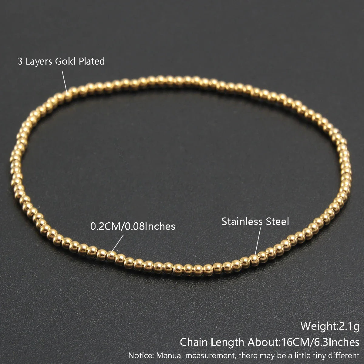 MHS.SUN Trendy Stainless Steel Stretch Bracelet — Gold & Silver Beaded 2mm/5mm/8mm for Men & Women