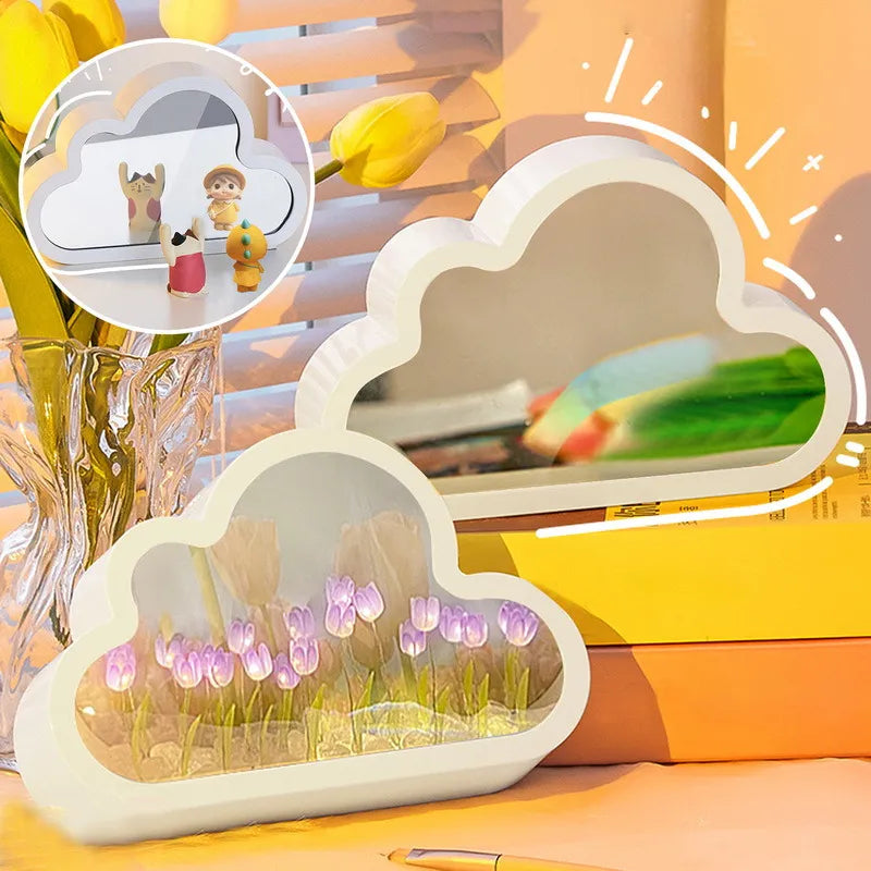 DIY Cloud Tulip LED Night Light - Creative Photo Frame Mirror Table Lamp for Girl's Bedroom, Handmade Bedside Ornament, Perfect Birthday Gift