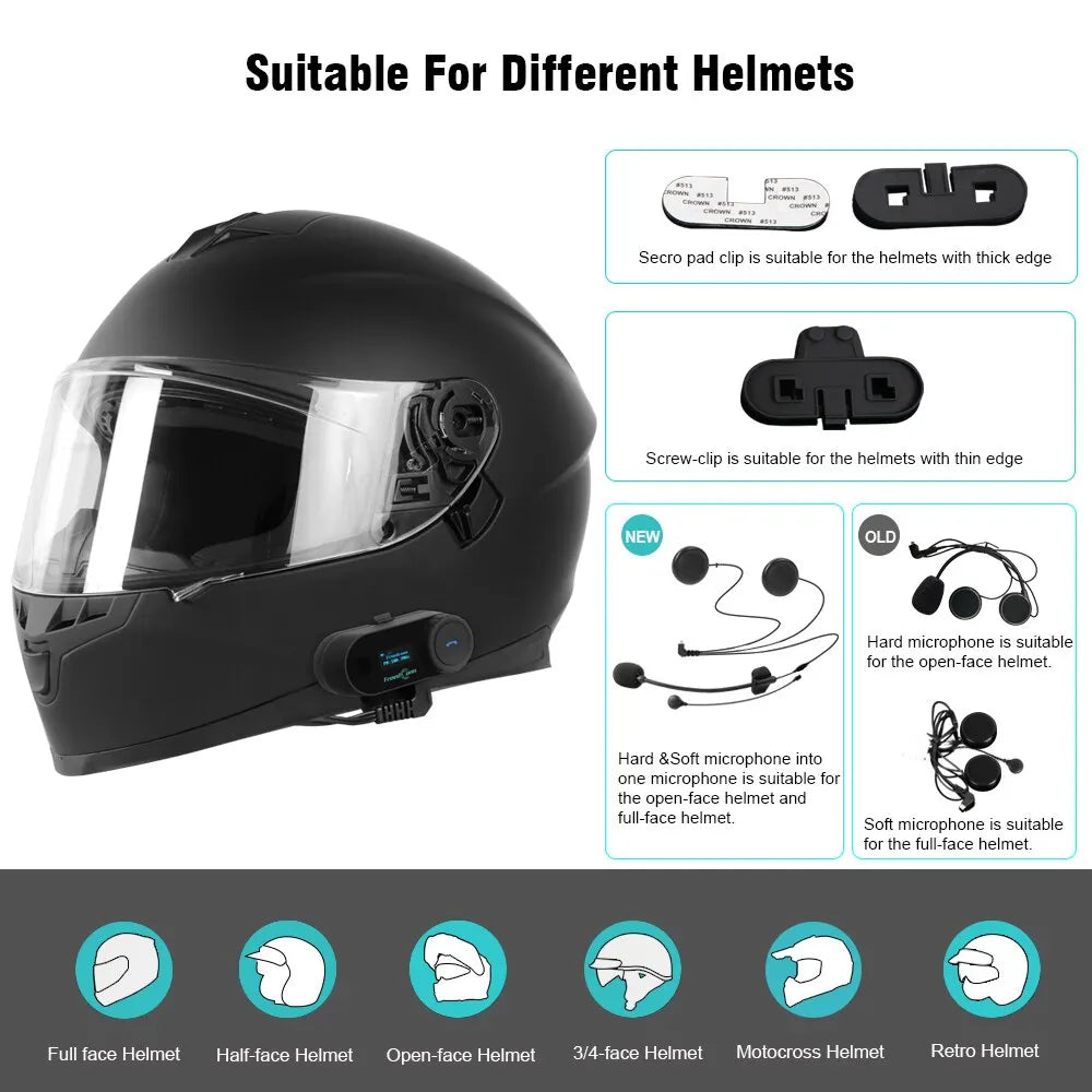 Freedconn T Com SC Bluetooth Motorcycle Intercom – Helmet Headset, Wireless Communication, BT 5.0, Music Share, 6 Riders, FM