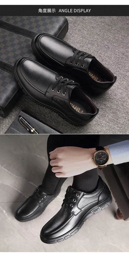 Men's Genuine Leather Casual Shoes - Soft Sole Lace-Up Loafers, Luxury Brand for Middle-Aged & Older Adults, Lightweight Dad Shoes