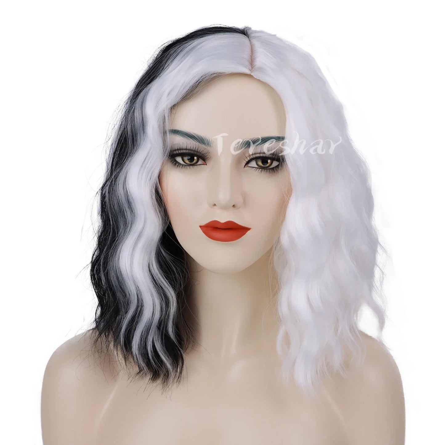 Synthetic Half Black Half White Bob Wig – Short Straight Wig with Bangs for Women, Cosplay & Party Wear