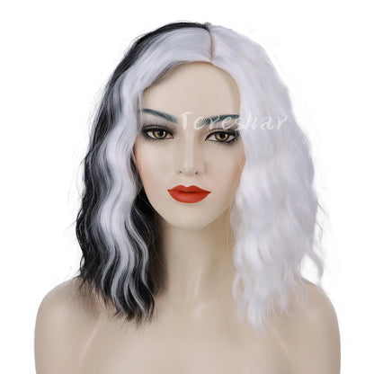 Synthetic Half Black Half White Bob Wig – Short Straight Wig with Bangs for Women, Cosplay & Party Wear