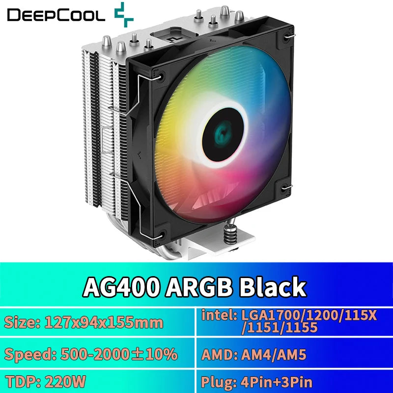 DEEPCOOL AG400 ARGB Air Cooler — 4 Heat Pipe CPU Cooler with PWM for Intel LGA1700/1200/115X & AMD AM4/AM5