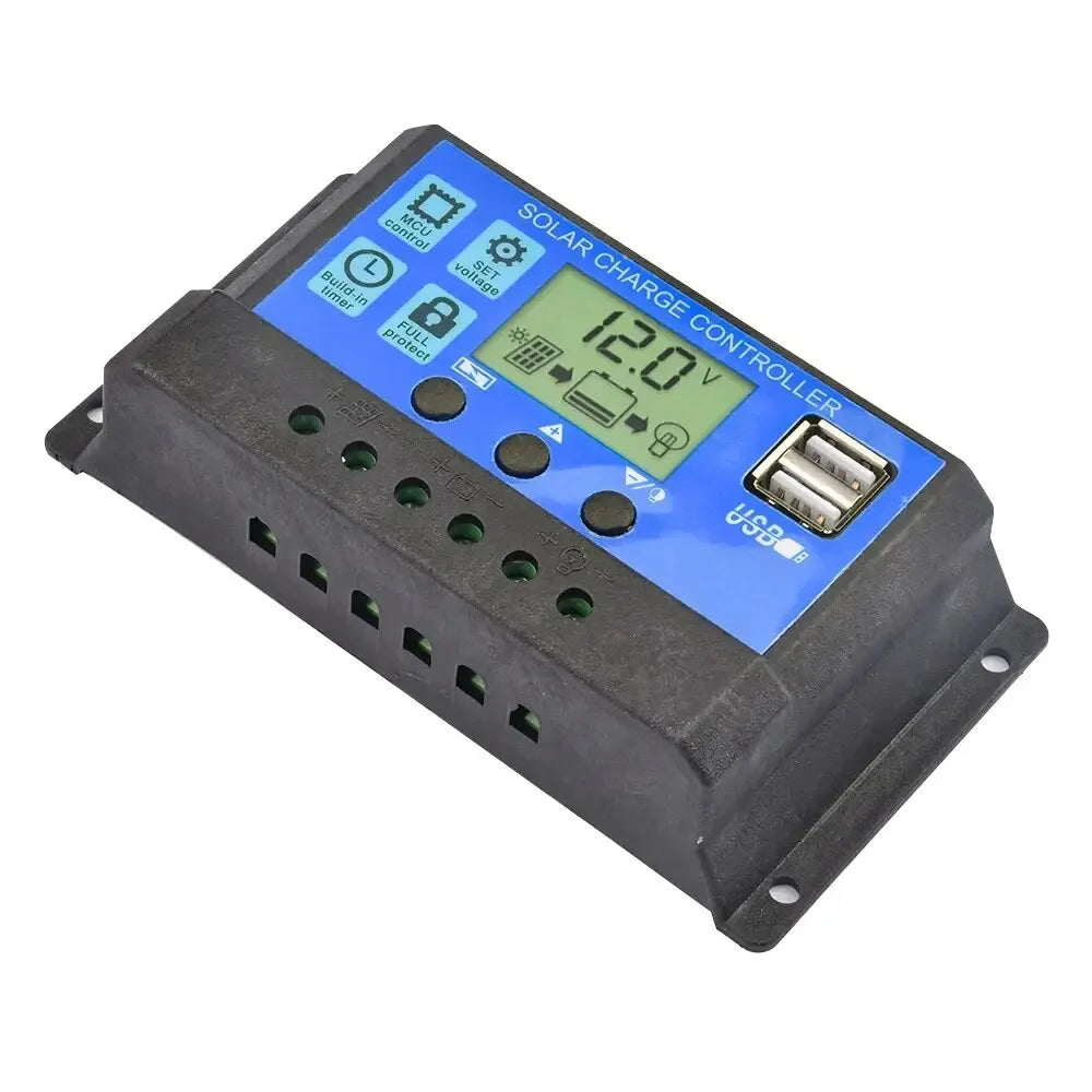 Solar Charge Controller with Dual USB - 12V/24V, 10A/20A/30A Auto LCD | Photovoltaic Panel PV Regulator & Load Discharger