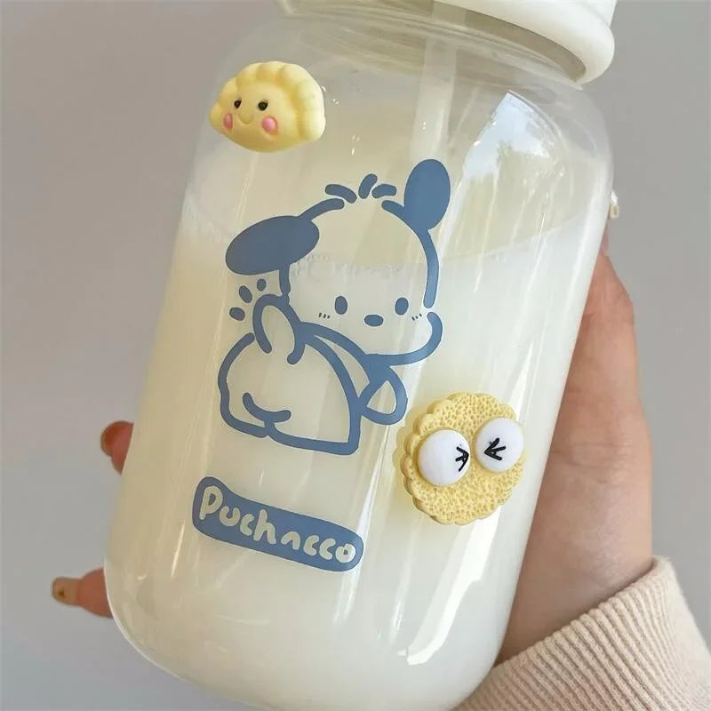 Sanrio Anime Transparent Straw Cup – Hello Kitty & Pochacco 500ML Plastic Water Cup with Handle for Students