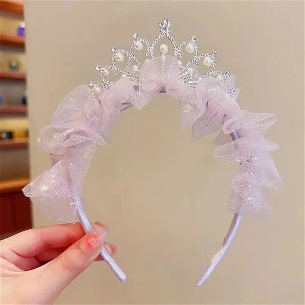 Girls Pearl Crown Headband - Sweet Princess Mesh Hair Hoop for Birthday Parties