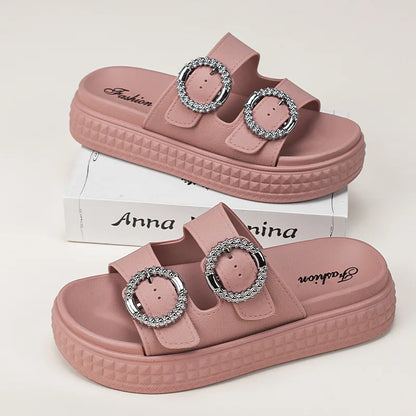 Women’s Thick Sole Sandals – Adjustable Strap Flat Flip Flop Open-Toe Beach Slides for Summer Outdoors