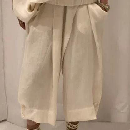 Women’s Fashion 2-Piece Set – Wide-Leg Buttoned Pants & Hollow Solid Color Loose Cold-Shoulder Blouse