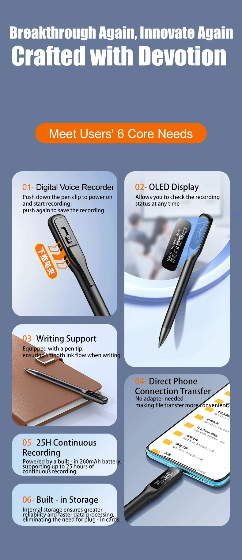 Famue 64GB Professional Meeting Recorder — 360° Omnidirectional, 1536kbps Lossless Audio, 25H Battery, HD Noise Reduction