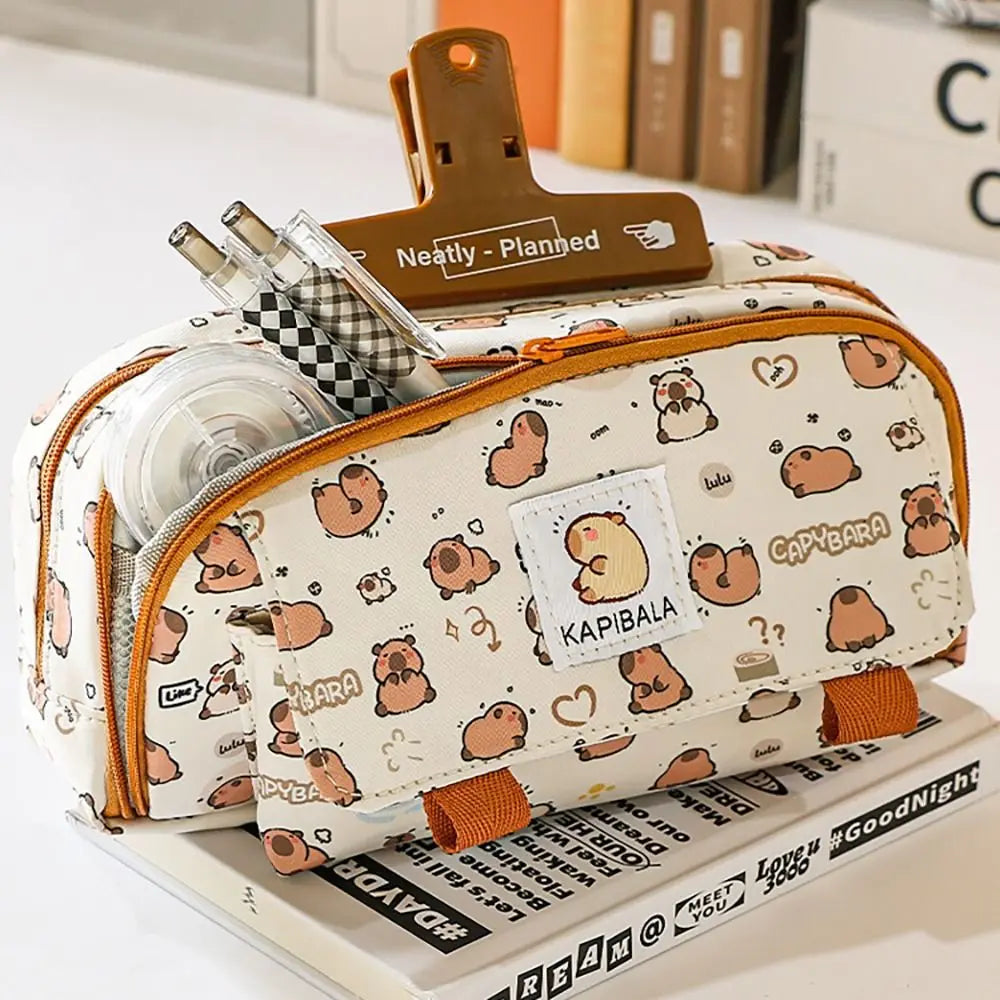 INS Capybara Four-Layer Large Capacity Pen Bag - Cute Cartoon Pencil Case, Stationery Organizer & Storage Bag for Students, Perfect Gift