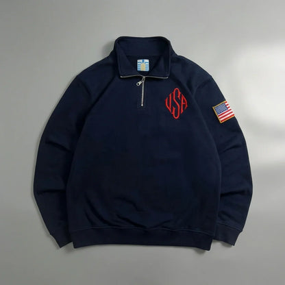 Men’s Y2K American Flag Embroidered Hoodie – Quarter Zip Streetwear Sweatshirt Navy Blue White Patch Sleeve Casual Pullover Sweater