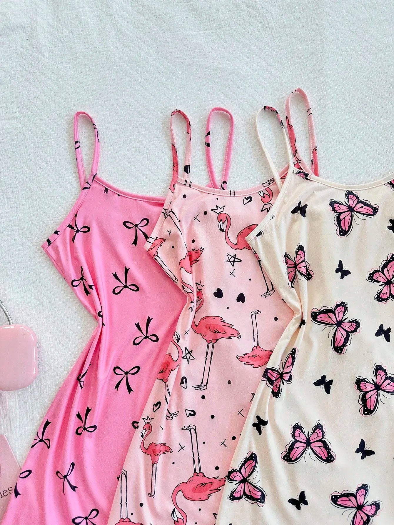3-Piece Women's Camisole Nightgown Set – Cute Butterfly, Bow & Flamingo Print Sleepwear