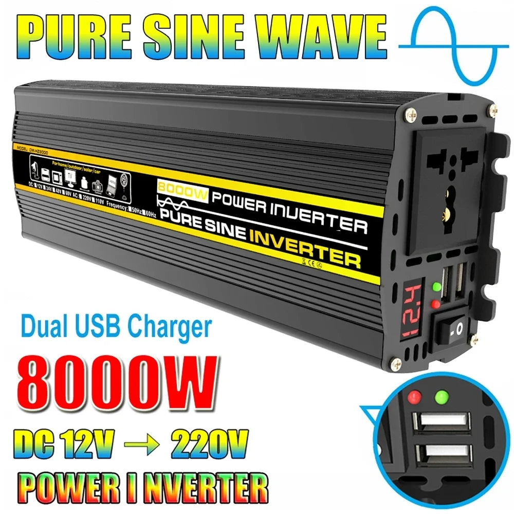 3000W-8000W Pure Sine Wave Power Inverter — DC 12V to AC 220V with Digital Display