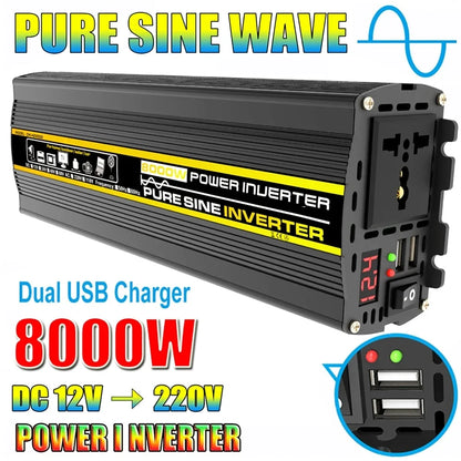 3000W-8000W Pure Sine Wave Power Inverter — DC 12V to AC 220V with Digital Display