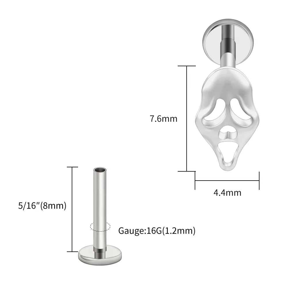 Right Grand ASTM F136 Titanium 16G Ghost Face Flat Back Earring – Halloween CZ Cartilage Stud for Helix, Labret & Nose Piercing Jewelry