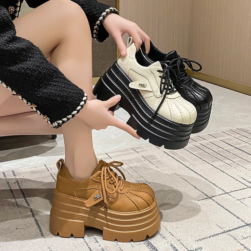 2025 Women’s Leather Sneakers – Spring High Platform Lace-Up Casual Shoes, 10CM Thick Sole Walking Zapatos Mujer