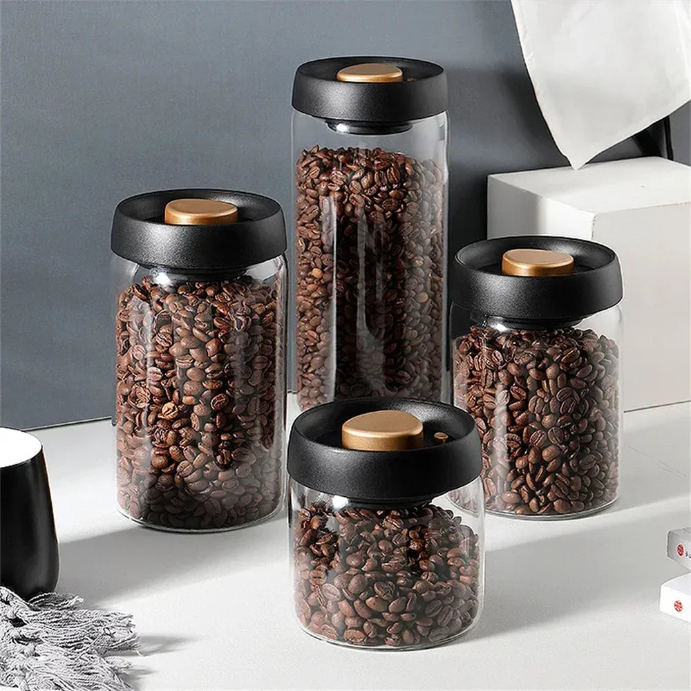 Vacuum Sealed Coffee Bean Storage Jar – Transparent Glass Airtight Container, Moisture-Proof Food Canister