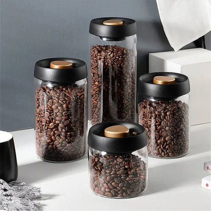 Vacuum Sealed Coffee Bean Storage Jar – Transparent Glass Airtight Container, Moisture-Proof Food Canister